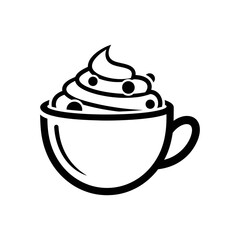 A simple black and white line drawing of a cup with whipped cream and chocolate chips on top inside it