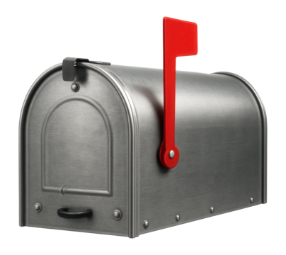 Classic silver metallic mailbox with a red flag on transparent background.