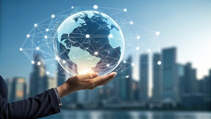 Modern Technology Concept Presenting Networked Earth in a Business Professional's Hand Against Blurred Cityscape Backdrop.