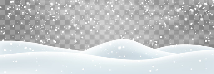 Snow flakes, snow and blizzard falling on snowdrifts. Snow landscape decoration, frozen hills isolated on png background. Vector heavy snowfall with snowbanks field. Christmas vector illustration