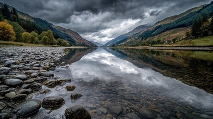 Calm mountain lake reflects stormy sky