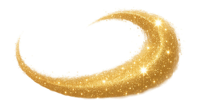 A golden glitter swirl with sparkling stars, creating a vibrant and magical visual effect on transparent background.