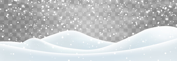 Snow flakes, snow and blizzard falling on snowdrifts. Snow landscape decoration, frozen hills isolated on png background. Vector heavy snowfall with snowbanks field. Christmas vector illustration