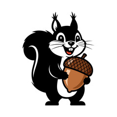 A cartoon squirrel holding an acorn with a happy expression on a white isolated background
