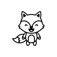 A simple line drawing of a cartoon fox with a bushy tail and a happy expression on its face standing up