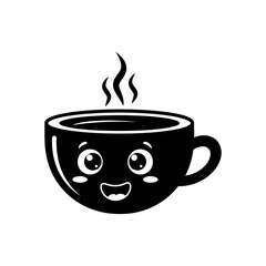 A black and white cartoon illustration of a steaming coffee cup with a smiling face and big eyes