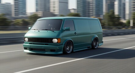 Classic teal van with custom modifications driving on a city highway with motion blur background