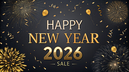 Golden fireworks and confetti rain down on a happy new year 2026 sale announcement, creating a celebratory and festive atmosphere for the upcoming year