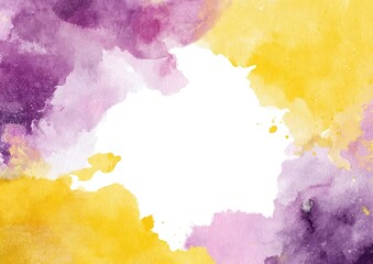 Abstract watercolor painting with vibrant purple and yellow hues, creating a frame around a white center