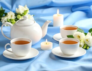 Fototapeta premium Elegant tea setup with candles and flowers.