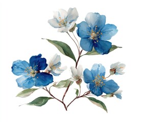 Fototapeta premium Delicate floral arrangement of blue and white blossoms with watercolor-style leaves