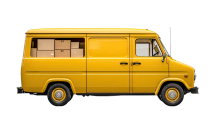 Side view of a bright yellow delivery van.  Boxes stacked on the roof.  Classic style