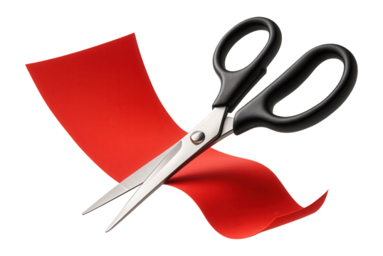 Pair of scissors cutting through a piece of red paper on transparent background.