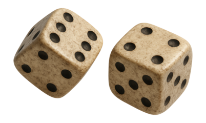 Two vintage-style dice with black dots on a transparent background.