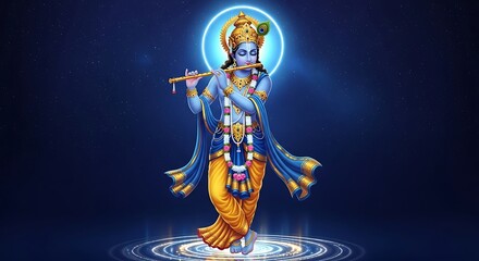 Digital illustration of lord krishna playing the flute a symbol of love and devotion.