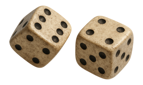 Two vintage-style dice with black dots on a transparent background.