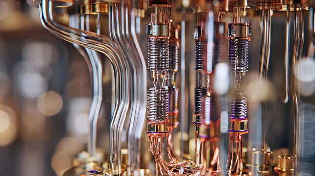Intricate Interior of a Quantum Computer with Copper and Gold Wiring for Advanced AI Computation