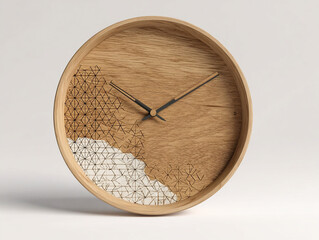 Photorealistic composition of a recycled wood wall clock with engraved geometric patterns
