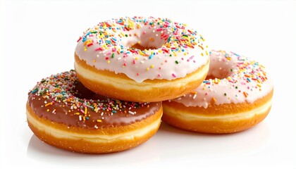 "Stack of three donuts with pink, white, and chocolate icing, topped with colorful sprinkles