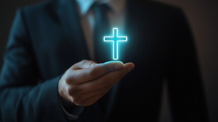 Man in Suit Holding Glowing Christian Cross in His Hand, Symbolic Representation
