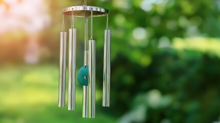 calming, rhythm, soothing, A beautiful wind chime with silver tubes hanging in a lush green background, gently reflecting light and creating a serene atmosphere.