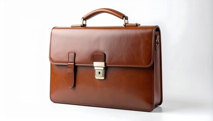 "Brown leather briefcase with silver lock and top handle, featuring a smooth texture and classic rectangular shape