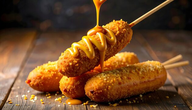 3/4-angle close-up of crispy corn dog on stick with pouring mustard on a rustic wooden surface 
