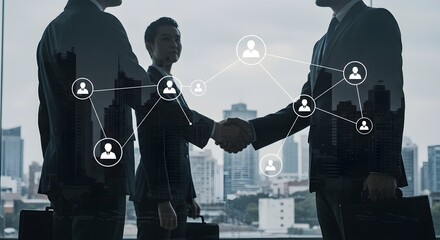Business Handshake and Networking Concept with City Skyline Overlay