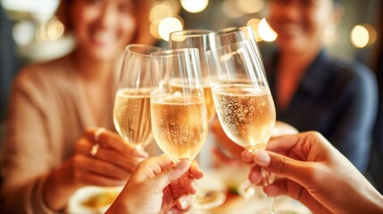 Friends toasting with champagne flutes, celebrating a special occasion. Cheers to joy, happiness, and togetherness. Perfect for a festive concept.