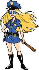 Cartoon police officer, blue uniform, blonde hair, baton in hand, gun holster, black boots, female cop, law enforcement character