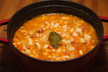 Cast iron pot of home made vegan Minestrone soup