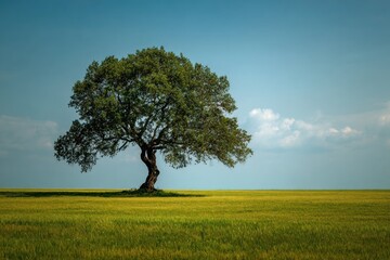 Obraz premium Lone tree in golden field under a clear sky
