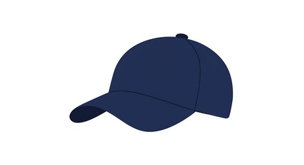 Fototapeta premium A navy blue baseball cap with a curved brim and button on top, isolated on a plain background, viewed from the side