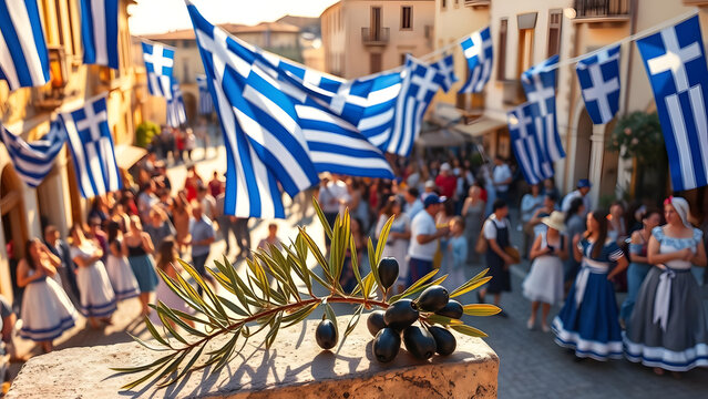 Fototapeta Olive branch with ripe black olives in the foreground, overlooking a vibrant Greek street celebration with flags.