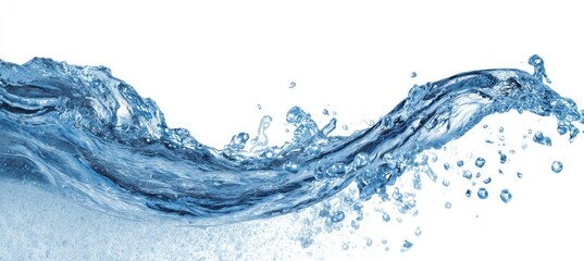Water splash in a smooth, flowing curve against a white background.  Detailed, light-blue water droplets and streams show motion
