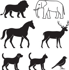 Collection of Animal Silhouettes Lion Elephant Horse Deer Dog Cat and Bird