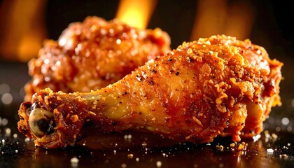 Spicy crispy fried chicken drumsticks with flame bokeh — dramatic close-up