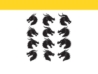 Obraz premium A powerful collection of dragon head vector icons, featuring various mythical beast profiles in a bold silhouette style.