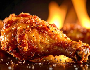 Crispy fried chicken drumstick with flame backdrop — dramatic close-up