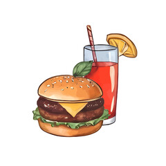 Cartoon-style burger and juice isolated on a white background