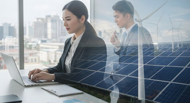 Business professionals working on renewable energy projects, solar panels and wind turbines, sustainability concept