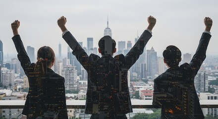 Business Success and Achievement: Team Celebrating with Cityscape Overlay
