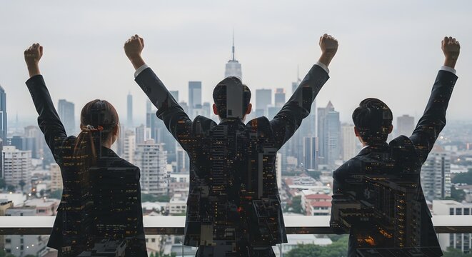 Business Success and Achievement: Team Celebrating with Cityscape Overlay