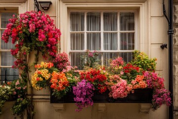 Naklejka premium Colorful window boxes overflowing with flowers