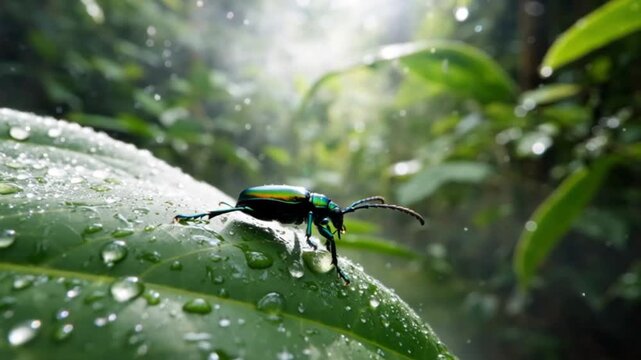 Green Beetle Crawling on Leaf in Tropical Rainforest