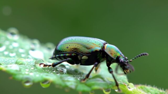 Cinematic extreme close up of jewel beetle on wet green leaf with shimmering iridescent exoskeleton in natural light