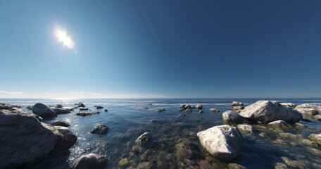 Obraz premium Serene ocean view coastal rocks hdr panorama