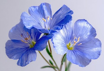 Close-up of three vibrant light-blue flax flowers