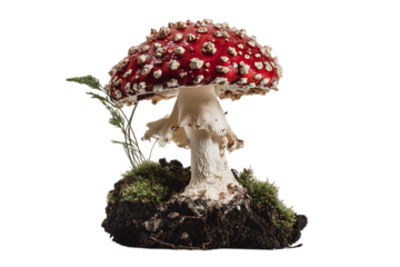 Close up of a vibrant red toadstool mushroom with white spots.