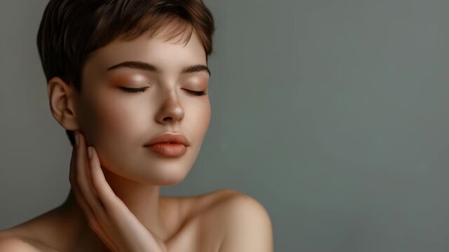 Captures moment peaceful repose as woman with delicate features, pixie cut rests with her eyes closed, fingers gently caressing her neck. soft lighting enhances natural beauty.